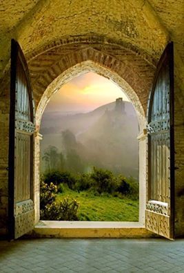 open window and hills